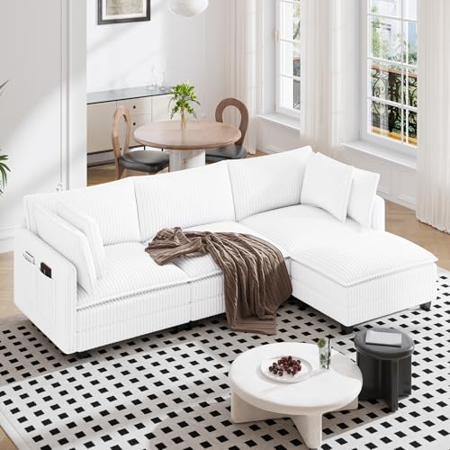 Image of Vesgantti 109 inch L Shaped Cloud Sectional Couch, Comfy Corduroy Upholstered Modular Couches for Living Room, Modern Modular Sectional Sofa with Ottoman Deep Seat, Warm White