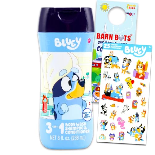 Image of Bluey Kids Shampoo, Conditioner, Body Wash 8 Oz Bottle - Bundle with 3-in-1 Berry Scented Body Wash, Shampoo & Conditioner Plus Stickers | Bluey Bathroom Set