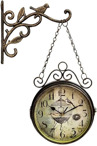 Reloj de pared retro vintage de doble cara con soporte de montaje para decoración de interiores, reloj silencioso de metal de hierro, silencioso,