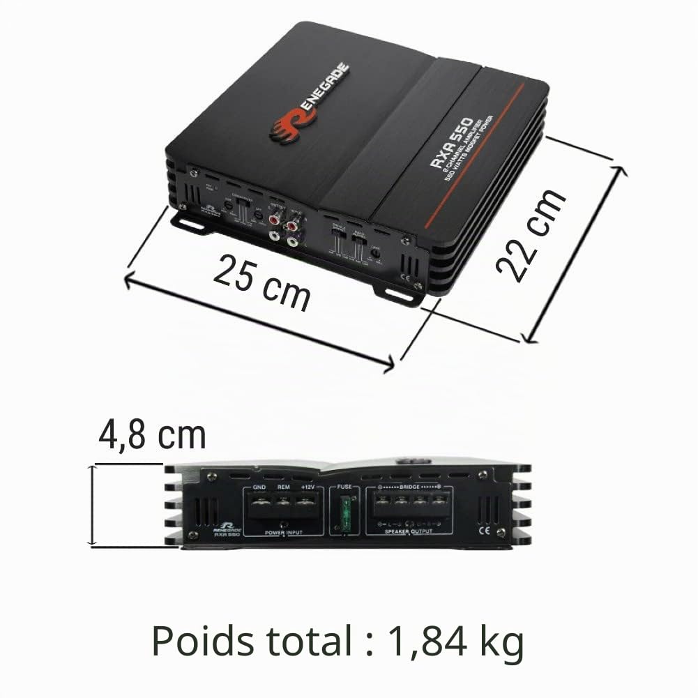 Renegade 1 amplificateur RXA550 RXA 550 2 canaux stéréo Classe AB 2 x 135 Watts rms 550 Watts Max avec Bass Boost pour Voiture, 1 pièce