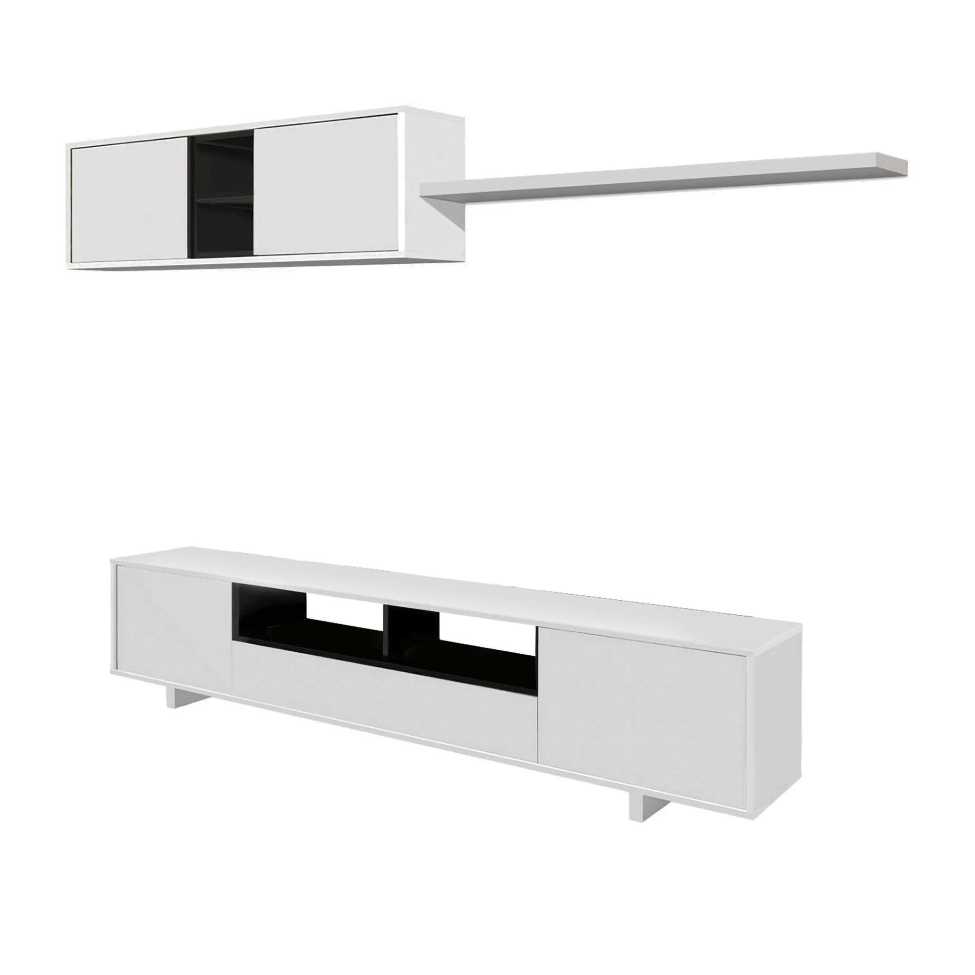 Dmora - Parete attrezzata Hartford, Mobile da soggiorno porta TV, Composizione set salotto, Set salotto con pensile, 200x41h46 cm, Bianco lucido