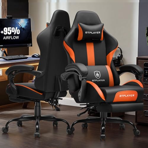 Image of GTPLAYER Gaming Chair with Pocket Spring Cushion, Leather Office Chair with Ergonomic High Back & Lumbar Support for Back Pain Relief, Computer Game Chair for Adults, Orange