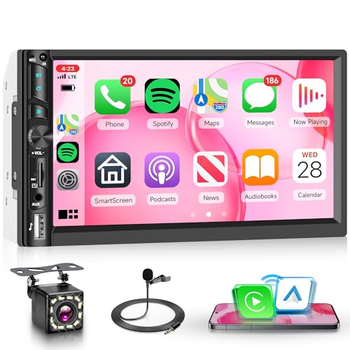 2 Din Wireless Carplay Android Auto Double Din Car Stereo, Rimoody 7 Inch Touchscreen Car Radio with Mirror Link, Backup Camera, You-tube, Bluetooth, FM, EQ SWC/USB/SD/AUX, Remote Control
