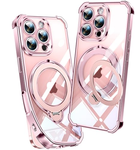 Image of Soft Case for iPhone 16 Pro with 360 Rotating Magnetic Stand, Compatible with Mag-Safe, 4X MIL-Drop Protection, Lightweight Glossy Anti-Yellowing Clear Back Phone Cover for iPhone 16 Pro 6.3 inch, Pink