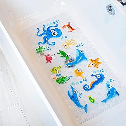 BEEHOMEE Bath Mats for Tub - Large Cartoon Non-Slip Bathroom Bathtub Mat Anti-Slip Shower Mats for Floor 88 x 38 cms,Machine Washable XL Size Bathroom Mats(Blue-Octopus ZY) Cover