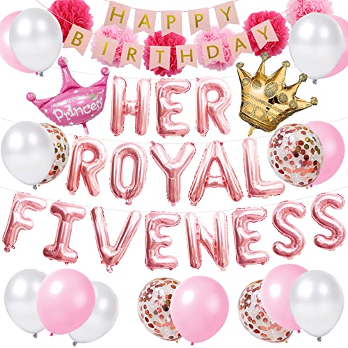 Her Royal Fiveness 5th Birthday Princess Decorations - Girl 5 Year Old Party Pack With Balloons