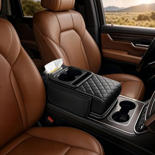 Cxprctpu 5-in-1 Universal Car Center Console Cover with Cup Holder Upgrade Armrest Cushion for Car with Side Storage PVC Leather Armrest Cover Pad with Phone Slot & Tissue Holder Black