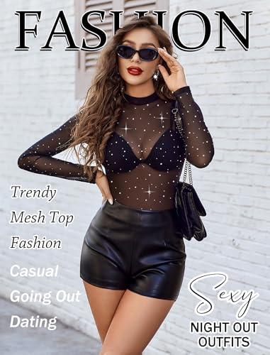 Avidlove Mesh Top Women Rhinestone Sheer Tops for Women Long Sleeve See Through Shirt Mock Neck Tee Blouses S-XXL2