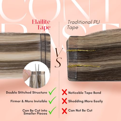 Image of Elailite Tape in Hair Extensions Human Hair Thick Real Remy Hairpieces Medium Brown & Dark Blonde 22 Inch 50g 20pcs Straight Invisible Seamless Skin Weft Best Tape for Women