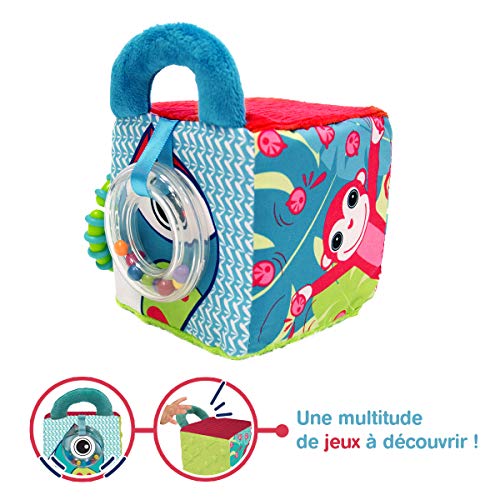 LUDI - Cube D'Éveil Jungle En Tissu Doux - Jouets D'Éveil Bébé - Dès 3 Mois - Développe Le Toucher, La Motricité Fine & Le Bien-Être - Nombreuses Textures & Activités - Motif Single – vue 7