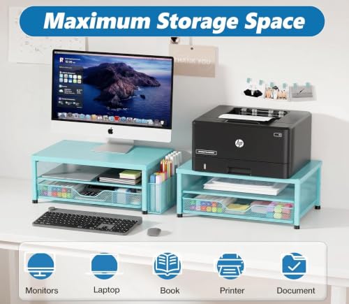 Image of OPNICE Computer Monitor Stand Riser, Desk Organizer with Drawer, Printer & Laptop Stand, Office Desk Accessories & Workspace Desktop Organizers Storage for Office Supplies(Blue)