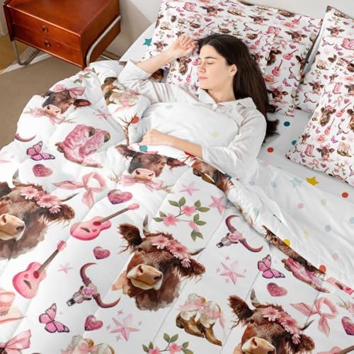 Image of Bow Highland Cow King Size Bedding Sets with Sheets,Comforter,Pillowcases,Pillow Covers 7 Pcs Cartoon Butterfly Heart Flowers Romantic Comforter Set Pink Cowboy Boots Southwestern Bedroom Dorm Bed Set
