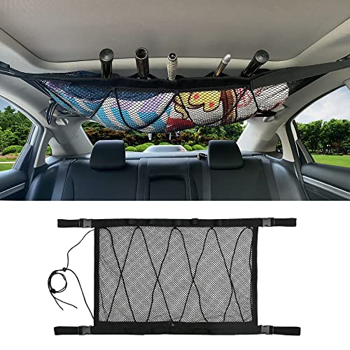 MDSTOP Vehicle Fishing Rod Rack, 40\" X 29\" Ceiling Storage Net with Fishing Pole Holder, Adjustable Polyester Strap, Interior Car Roof Rack Mesh Sundries Organizers for SUVs, Wagons, Vans (Black2, XL)