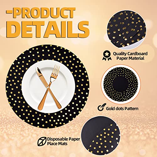 Datyiiha 50 Pcs 14 Inch Black And Gold Foil Paper Place Mats Golden Polka Dots Round Placemats Disposable Decorative Table Mats For Wedding Banquet Party Home Dining Table Decor thumb #1