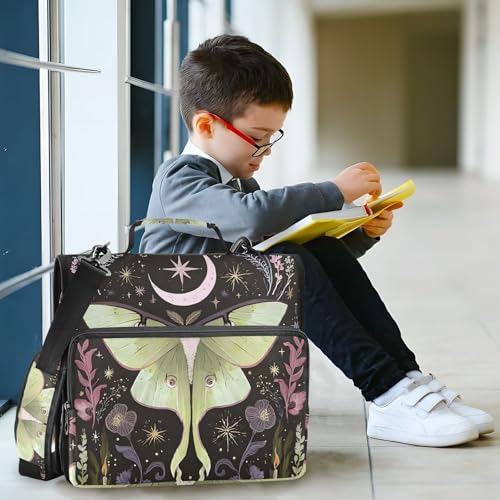 Image of 3 Ring Zipper Binder with Shoulder Strap Green Luna Moth Flowers Moon Stars 1.5 inch Binders Keeper Large Capacity Multi Pockets for School Office Supplies