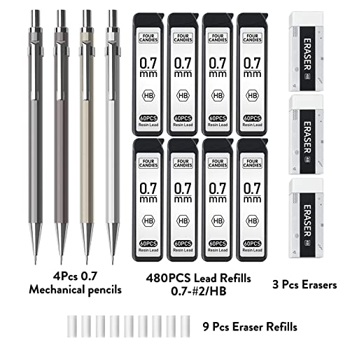 Four Candies 0.7Mm Mechanical Pencil Set With Case - 4Pcs Metal Mechanical Pencils, 8 Tubes Hb #2 Lead Refills, 3Pcs 4B Erasers And 9Pcs Eraser Refills, Lead Mechanical Pencils For Writing & Drawing #TOP4