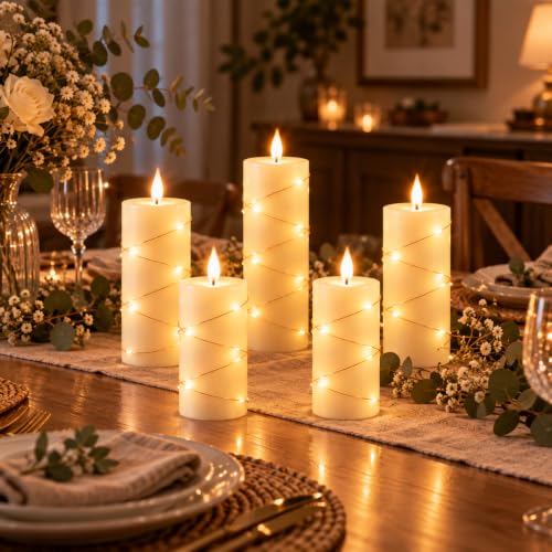 Da by 5 Stück Elfenbein Paraffin LED Kerzen mit Feenlichtkette, Realistische Flackerflamme, Batteriebetriebene Kerzen mit Fernbedienung… – Ansicht 4