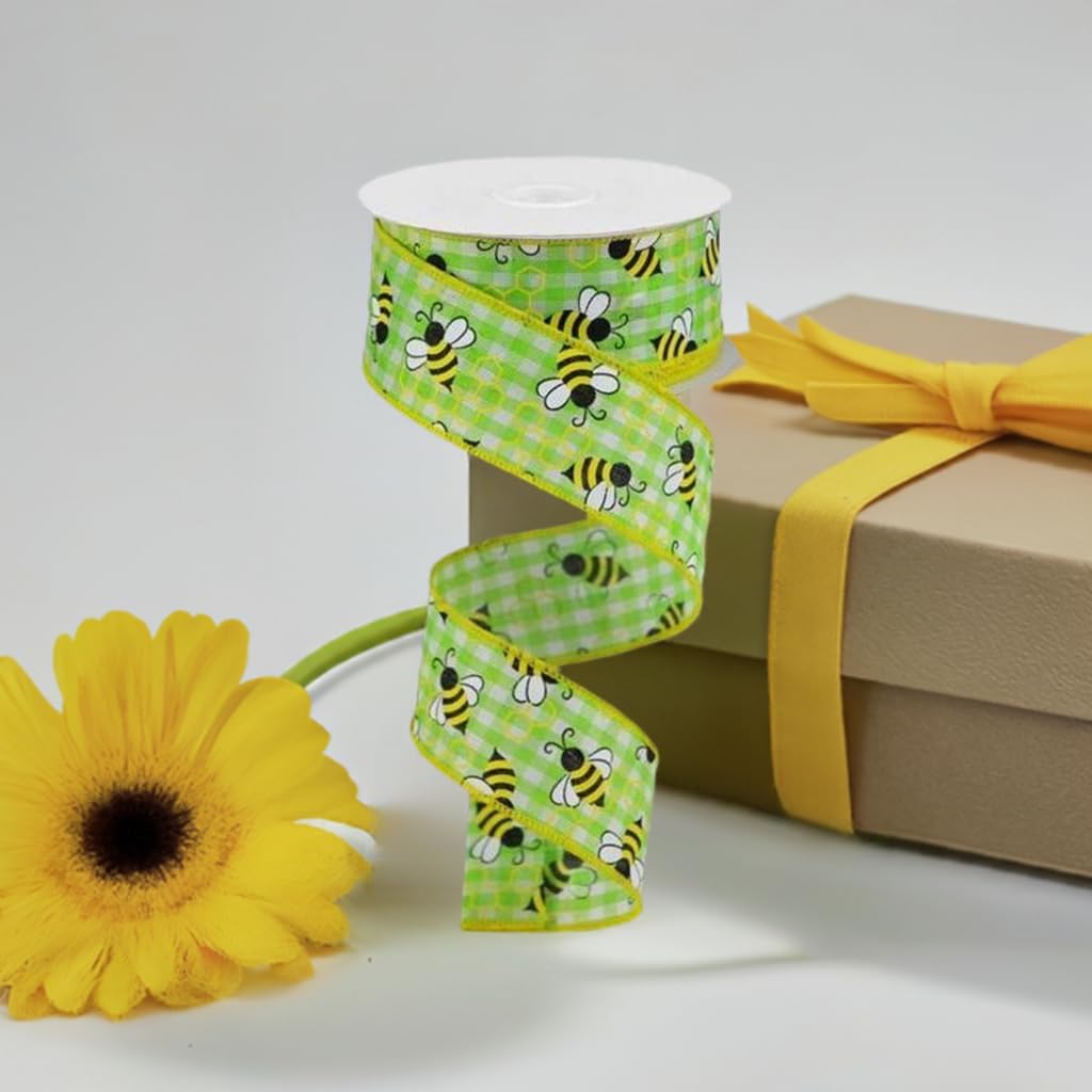 Craig Bachman 1.5 Mini Bumblebees on Check Ribbon: Lime Green (10 Yards) Durable Fabric Wired Edge for Crafting, Floral Arrangements, Gift Wrapping, and Wreath Bow Making