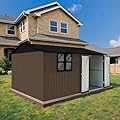 10' x 8' Large Outdoor Storage Shed, Sturdy Metal Building w/Windows & Lockable Doors for Garden, Backyard, Poolside and Lawn, Brown