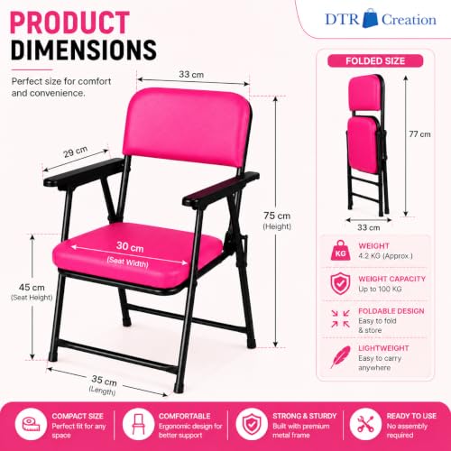 Image of Foldable Cushioned Chair with Armrests | Heavy Duty Metal Frame | Soft Padded Seat & Backrest | Space Saving Folding Chair for Home, Office, Study & Guest Seating | Pink
