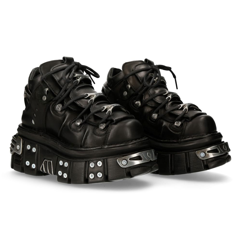 New Rock Stivaletti Heavy M.106-​S70 Uomo Donna Pelle Bovina Nero Lacci Piattaforma 5.5cm Tacco 8cm Suola PU-​Ultra, Nero , 37 EU
