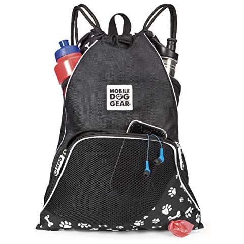 Mobile Dog Gear, Dogssentials Drawstring Cinch Sack Travel Bag, Carry Items for Both You and Your Dog, Includes 1 Waste Bag Roll, Black/White Paw Bone Print Cover