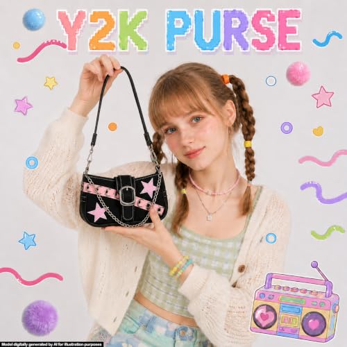 Image of Cute Y2k Purse for Women, Star Embroidery Pattern with Chain Strap Shoulder Bag, Goth Style Cute Mini Purse