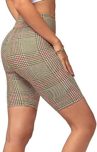 Plaid Checkered Print Premium Buttery Soft High Waisted Biker Shorts for Women - 3" Wide Band Biker Shorts Women - Workout Shorts Womens Tummy Control - One Size Plus - SL3-Short-F724-LX