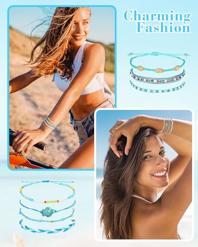 Image of Hicarer 21 PC Surfer Wave Friendship Bracelet Set Waterproof Adjustable Boho Beach String Anklets Bulk, Summer Gift for Women