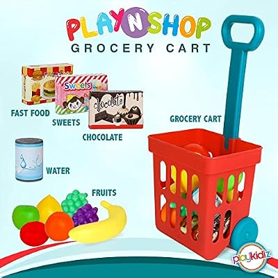 Playkidz لعبة سلة التسوق مجموعة اللعب ، ألعاب الطعام البلاستيكية ، مجموعة اللعب التفاعلية ، موارد التعلم & أمبير ؛ التظاهر باللعب المرح ، الأعمار 3 +