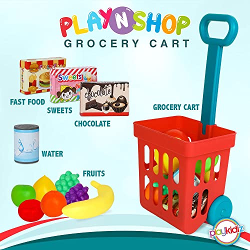 Playkidz Toy Shopping Cart Play Set, Plastic Food Toys, Interactive Play Set, Learning Resources & Pretend Play Fun, Ages 3+