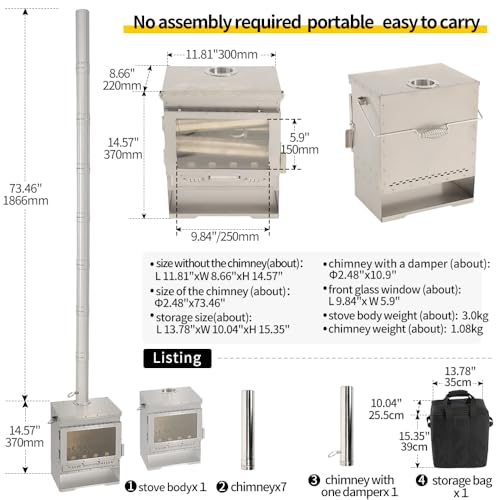 Soomloom Titanium Secondary Burning Fireplace VistaV Smokeless Wood Stove Glass Window Portable Firewood Heater Tent Cooking BBQ Campfire Outdoor Camping Warmer, 43x27x37 - Image 4