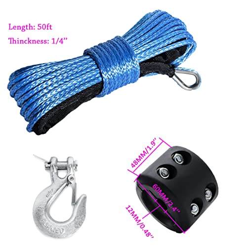 Synthetic Winch Rope, Samlight Blue 1/4" X 50' 7000Lbs Winch Line Cable With Metal Snap Hook And Rubber Stopper Winch Accessories For Atv Utv Suv Truck #TOP4