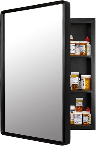 Espejo de gabinete de medicina de 24 x 16 pulgadas, espejo negro empotrado o montado en la pared con estantes de almacenamiento, espejo moderno para