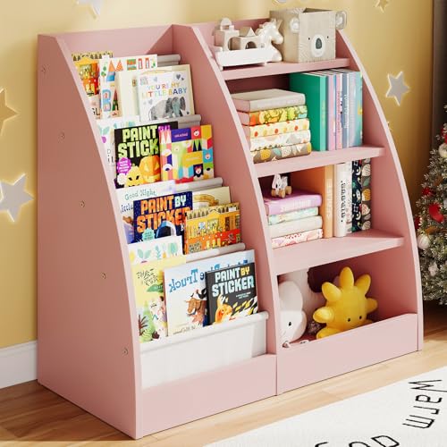 Image of 4 Tier Kids Bookshelf,4 Layer Sling Kids Book Shelf for Kids Rooms,Wood Children Bookcase,Baby Storage Book Rack,Toddler Bookshelf, Book and Toy Organizer,Book Display Shelf for Bedroom, Nursery