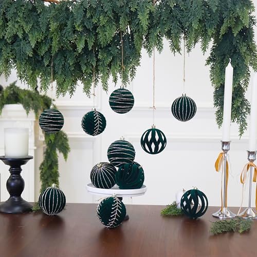 Image of 4inch Velvet Ornaments for Christmas Tree, 9PCS Glitter Flocked Christmas Ornaments Decorations Balls Set Decor Green