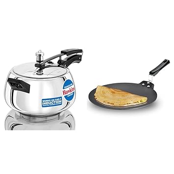 HAWKINS Stainless Steel Pressure Cooker, 5 litres, Silver & HAWKINS Futura Nonstick Dosa Tava, 28 cm, Black Combo