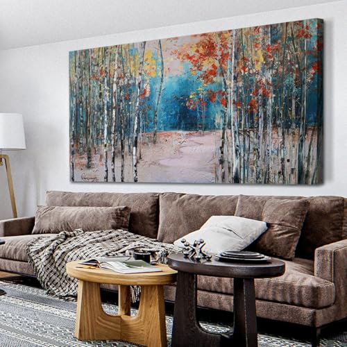 Ardemy Blue Wall Art Living Room Landscape Panoramic Textured for Bedroom White Birch Tree Canvas Painting Forest Picture, Nature Teal Artwork Framed for Home Office Wall Decor, Extra Large 