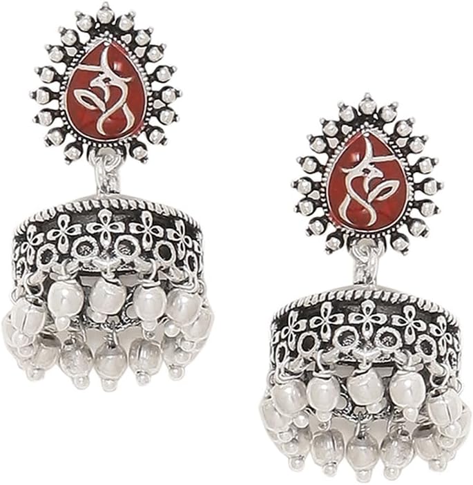VOYLLA Women's Brass Oxidised Plating Moksha Boho Style Jhumki Earrings(Free Size)(Silver)