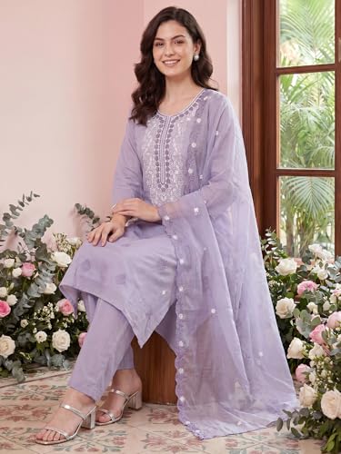 Image of INDO ERA Women's Silk Blend Solid Straight Kurta with Pant & Dupatta Set