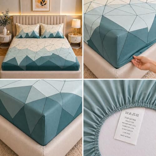 Image of Castiqa Elastic Fitted Supersoft Premium GlaceCotton 200TC King Size Bedsheets with 2 Pillow Covers (Fits Upto Mattress of 8 Inches) (Queen (60x78), Aqua S)