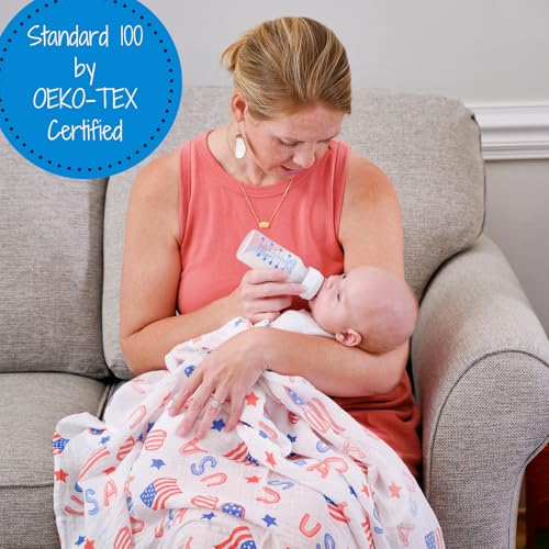 Image of LollyBanks Swaddle Blanket 4th of July, 100% Cotton Muslin Swaddle Blankets, Neutral Swaddle Blanket 47 x 47 Inches, Baby Blanket for Boys and Girls, Baby Essentials, Registry (USA Print)