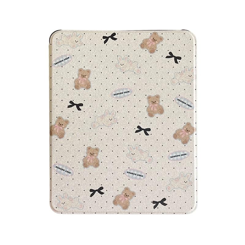 Triple Adjustable Kickstand Hard Folio Case for Apple iPad 10 10.9 Inch 2022 10th Gen Tablet Cream White Bow Teddy Bear Bunny Bow Polka Dots Chic Cute Lovely Adorable Cartoon Girls Kids