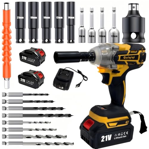 Image of Guiqiqi 21V Brushless Cordless Impact Wrench Kit, 1/2" Drive, with Batteries, Charger, Sockets, Drill Bits & Flexible Rod C (2 batteries + plastic box)