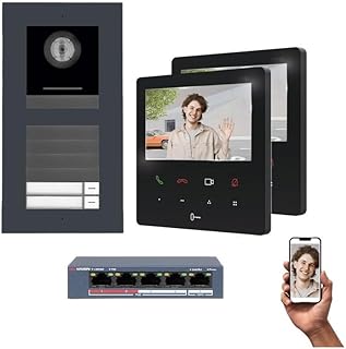 Mathfel 2 Familienhaus LAN IP Video Türsprechanlage, Unterputz-Türstation IP65, 2X 4,3 Zoll Monitor, HD-Kamera 170°, Türöffner-Funktion, Foto-/Video-Speicher