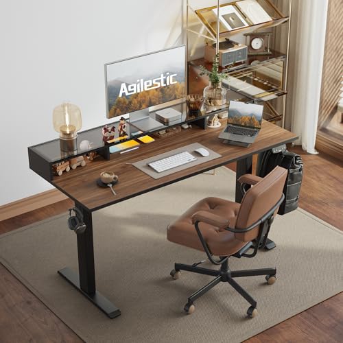 Image of Agilestic 48 x 24 Inches Electric Standing Desk with Storage, Adjustable Height Sit and Stand Computer Table with Glass Shelf, Splice Board, Dark Walnut