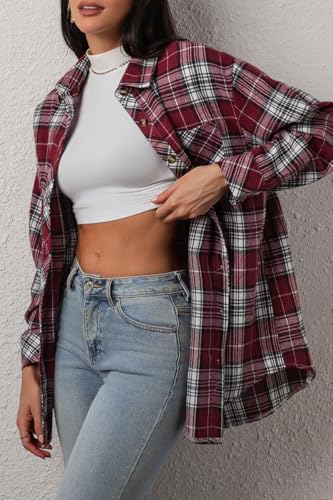 Image of CHYRII Womens Button Down Flannel Shirts Long Sleeve Plaid Shackets Business Casual Blouse Top