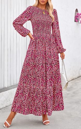 Image of PRETTYGARDEN Women's Fall Dresses 2026 Long Sleeve Flowy Casual Floral Maxi Dress Crew Neck Smocked Tiered Long Dress