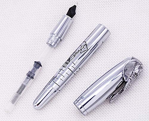 Fuliwen Fountain Pen Medium Nib With Ink Refills Converter, Silver Stainless Steel Body Elephant Pattern Gift Pen #TOP6