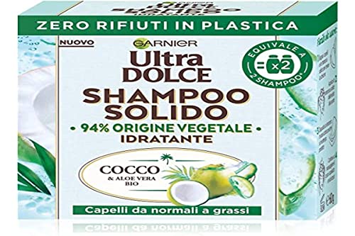 Garnier Ultra Dolce Shampoo aus Kokosnuss und Aloe Vera, für normales bis fettiges Haar, mit 100% umweltfreundlicher, plastikfreier Verpackung, 60 g
